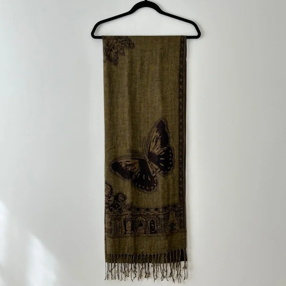 Reversible Butterfly Olive & Brown Scarf - Picture 3 of 16